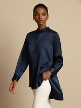 [Dark Blue] SilkSilky  Long Sleeve Stand Collar Blouse 004