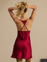 [Wine] SilkSilky  Spaghetti Strap V Neck Nightgown 002
