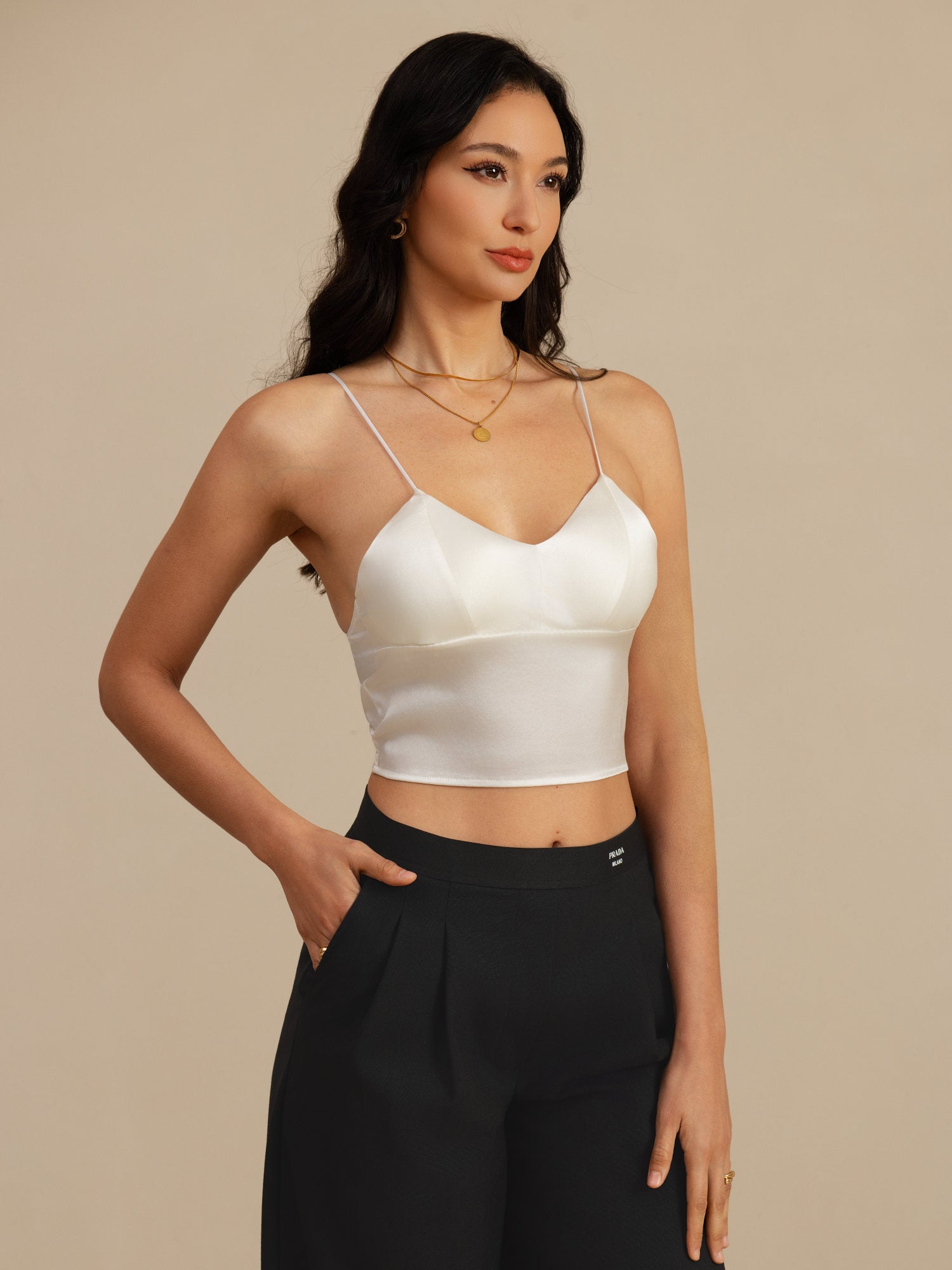 [White] SilkSilky  Spaghetti Strap V Neck Camisole Top 001
