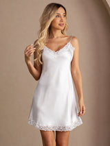 [White] SilkSilky  Spaghetti Strap V Neck Nightgown 005