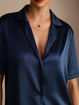 [Dark Blue] SilkSilky  Short Sleeve Lapel Collar Women's Shirts 004