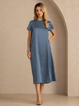 [Real Teal] SilkSilky  Short Sleeve Crew Neck Dress 007