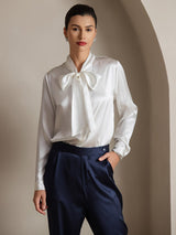 [White] SilkSilky  19Momme Stretch Silk Charmeuse Long Sleeve Tie Neck Blouse 007