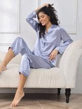 [Steel Blue] SilkSilky  Long Sleeve Lapel Collar Women's Pajamas 001
