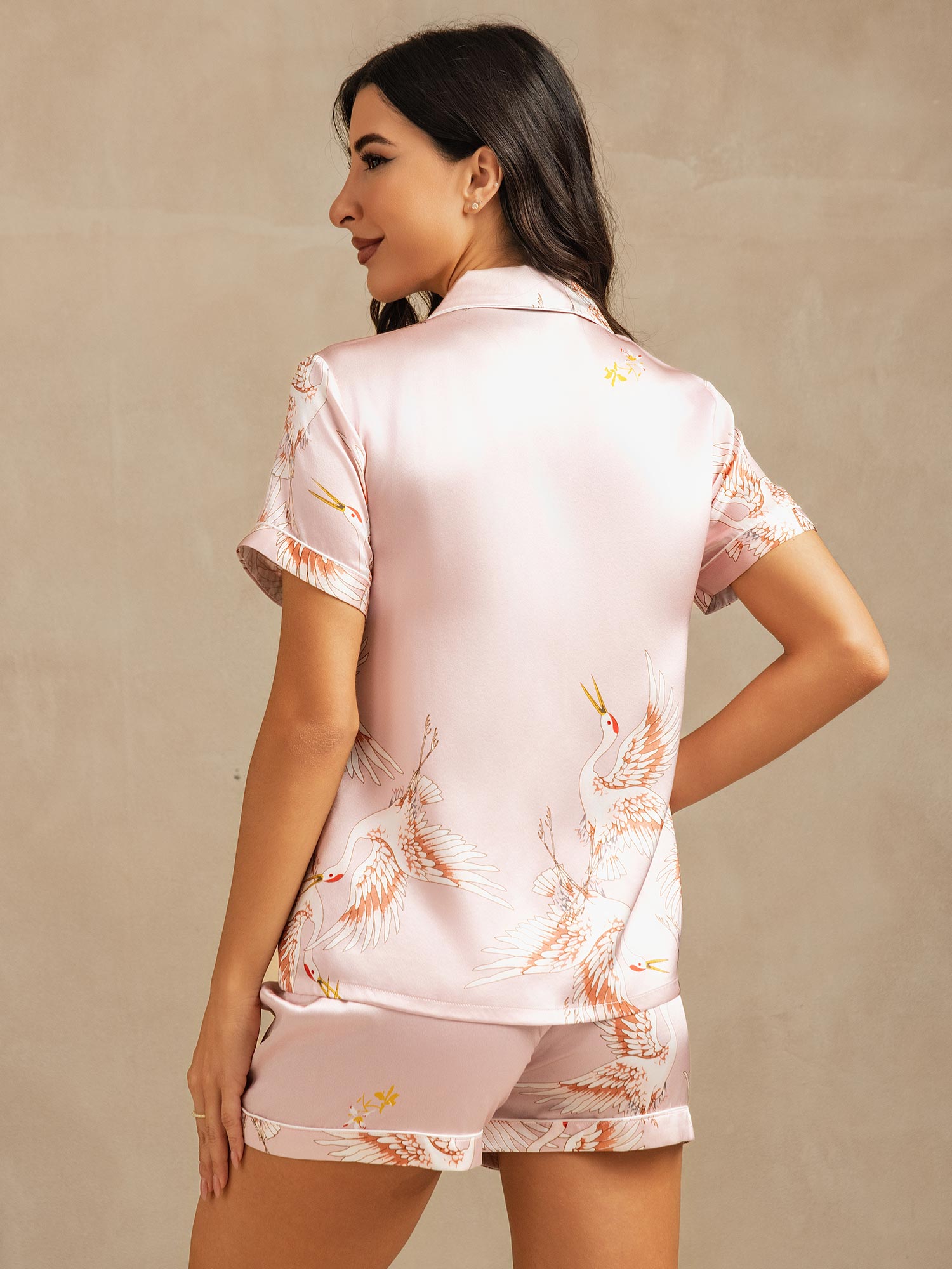 [Pink] SilkSilky  Short Sleeve Lapel Collar Women's Pajamas 002