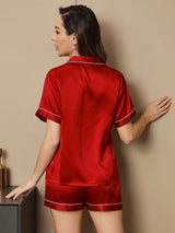 [Wine] SilkSilky  Short Sleeve Lapel Collar Women's Pajamas 002