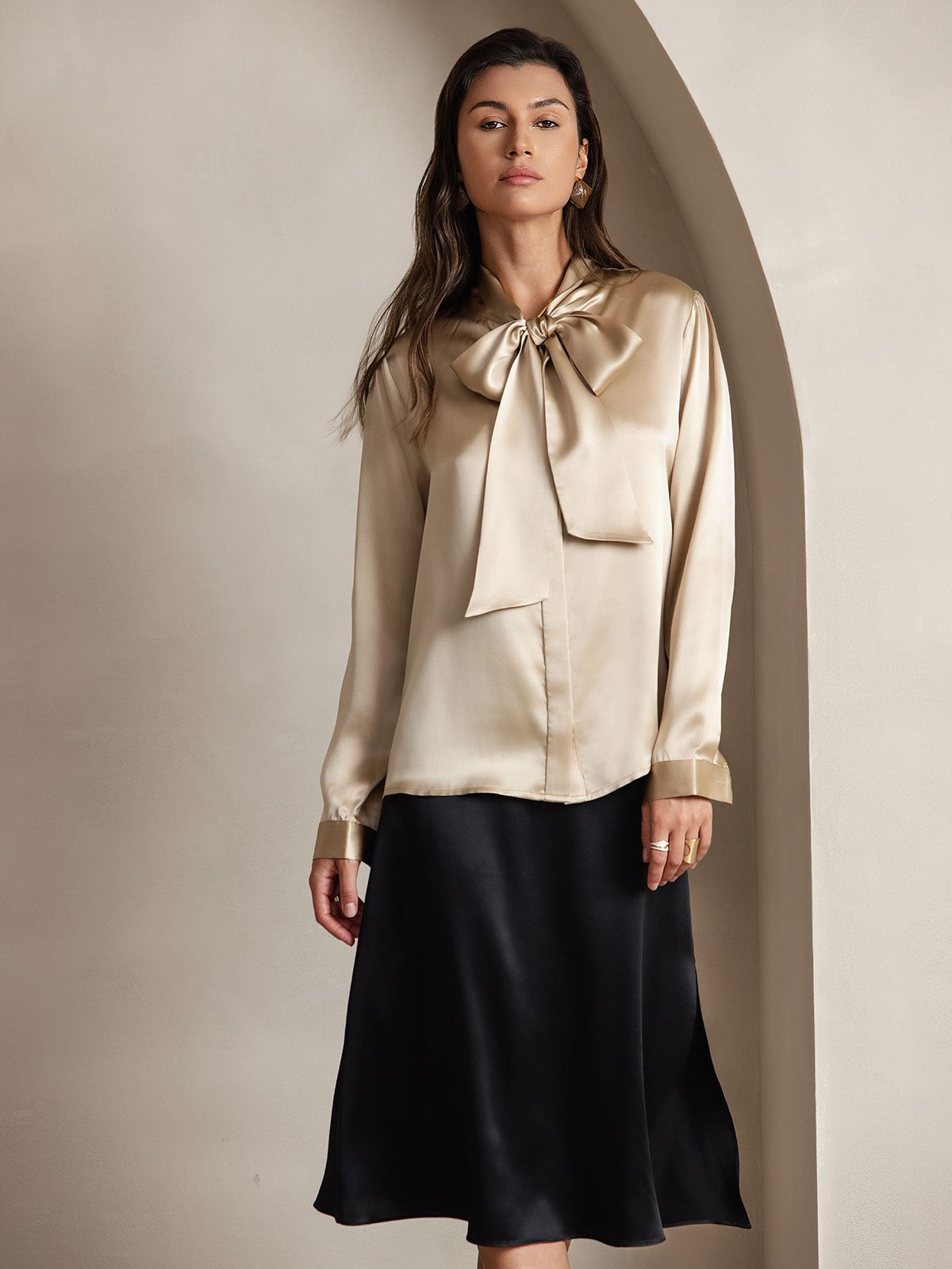 [Champagne] SilkSilky  19Momme Stretch Silk Charmeuse Long Sleeve Tie Neck Blouse 001