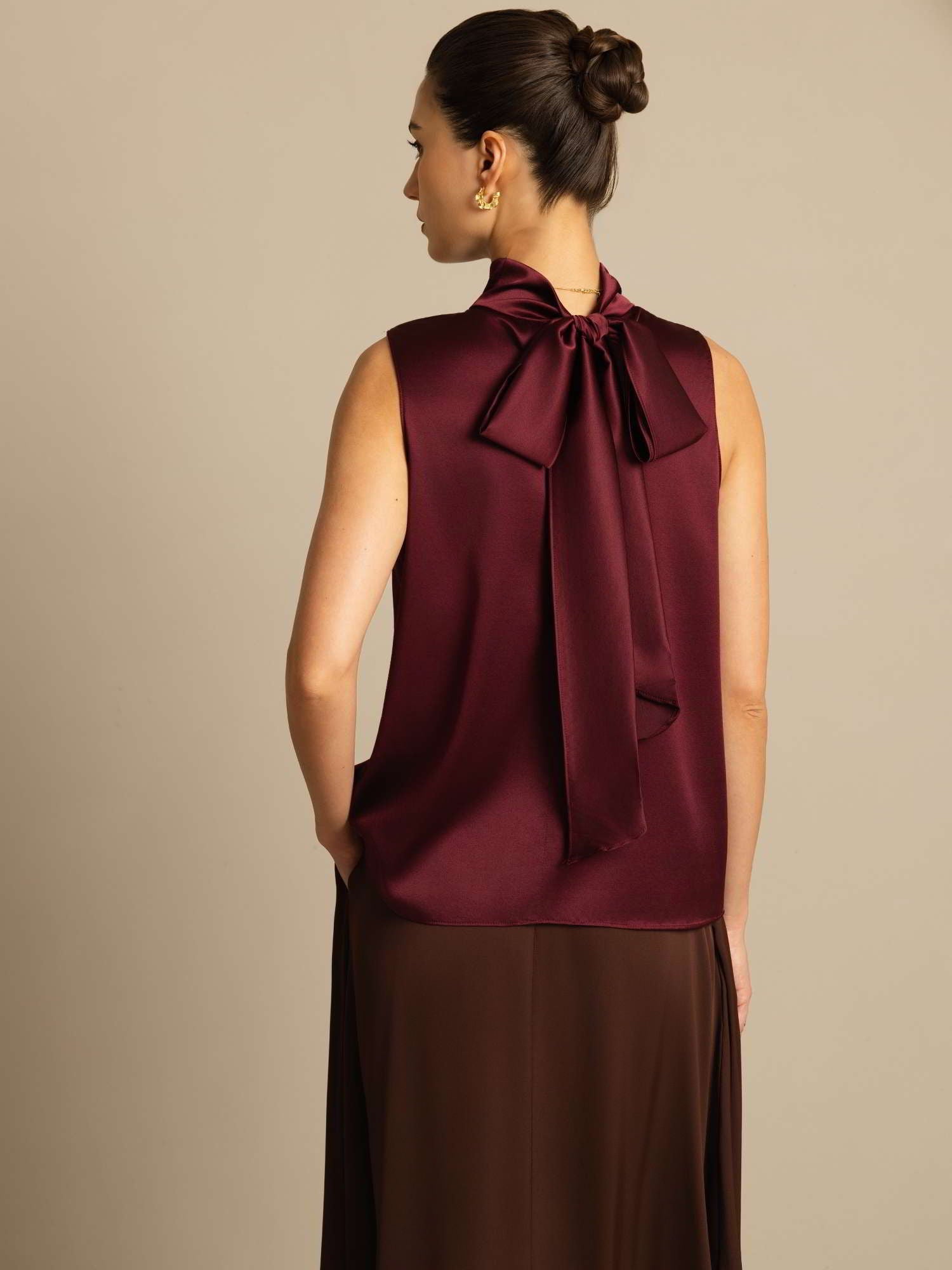 [Dark Red] SilkSilky  Sleeveless Tie Neck Blouse 002