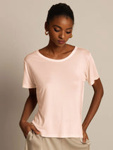 Women’s silk jersey short sleeve round neck T-shirt in soft blush pink, relaxed fit