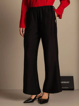 Women's black silk-wool straight-leg pants with drawstring waist and side pockets