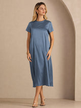 [Real Teal] SilkSilky  Short Sleeve Crew Neck Dress 005