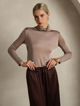[Khaki] SilkSilky  Long Sleeve Turtle Neck Women's T-Shirt 003
