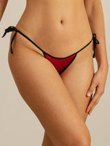 Red silk tie-side thong bikini panty with black adjustable side ties