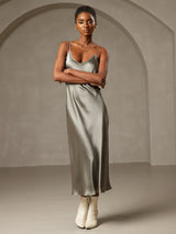 [Grayish Green] SilkSilky  Spaghetti Strap V Neck Dress 001