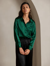 [Dark Green] SilkSilky  Long Sleeve Lapel Collar Women's Shirt 001