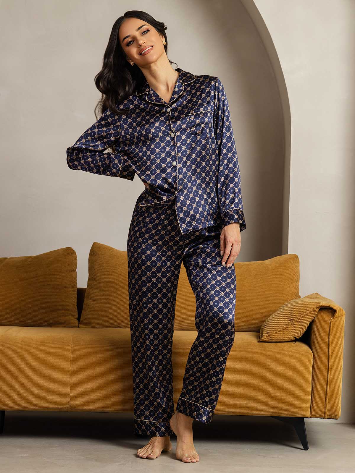 [Navy Chain] SilkSilky  Long Sleeve Lapel Collar Women's Pajamas 002