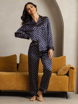[Navy Chain] SilkSilky  Long Sleeve Lapel Collar Women's Pajamas 002