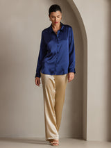 [Dark Blue] SilkSilky  Long Sleeve Lapel Collar Women's Shirt 005