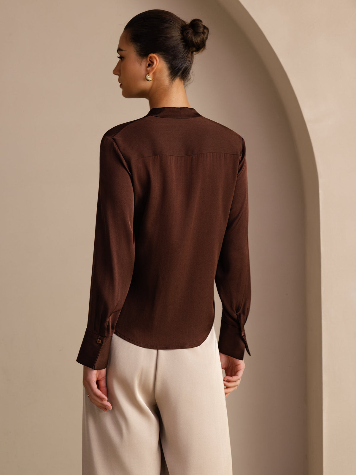 [Bitter Chocolate] SilkSilky Long Sleeve Tie Neck Women's Blouse 002