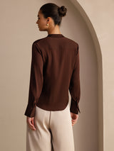 [Bitter Chocolate] SilkSilky Long Sleeve Tie Neck Women's Blouse 002
