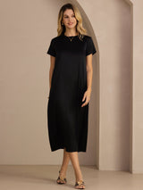[Black] SilkSilky  Short Sleeve Crew Neck Dress 007