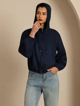 Navy silk hooded jacket with zipper, drawstring hood and pockets
