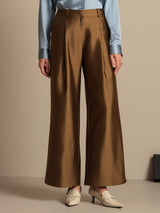 High waist wide-leg silk wool blend pants in brown with side pockets