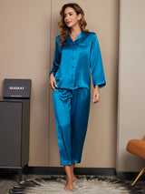 [Teal] SilkSilky  Long Sleeve Lapel Collar Women's Pajamas 001