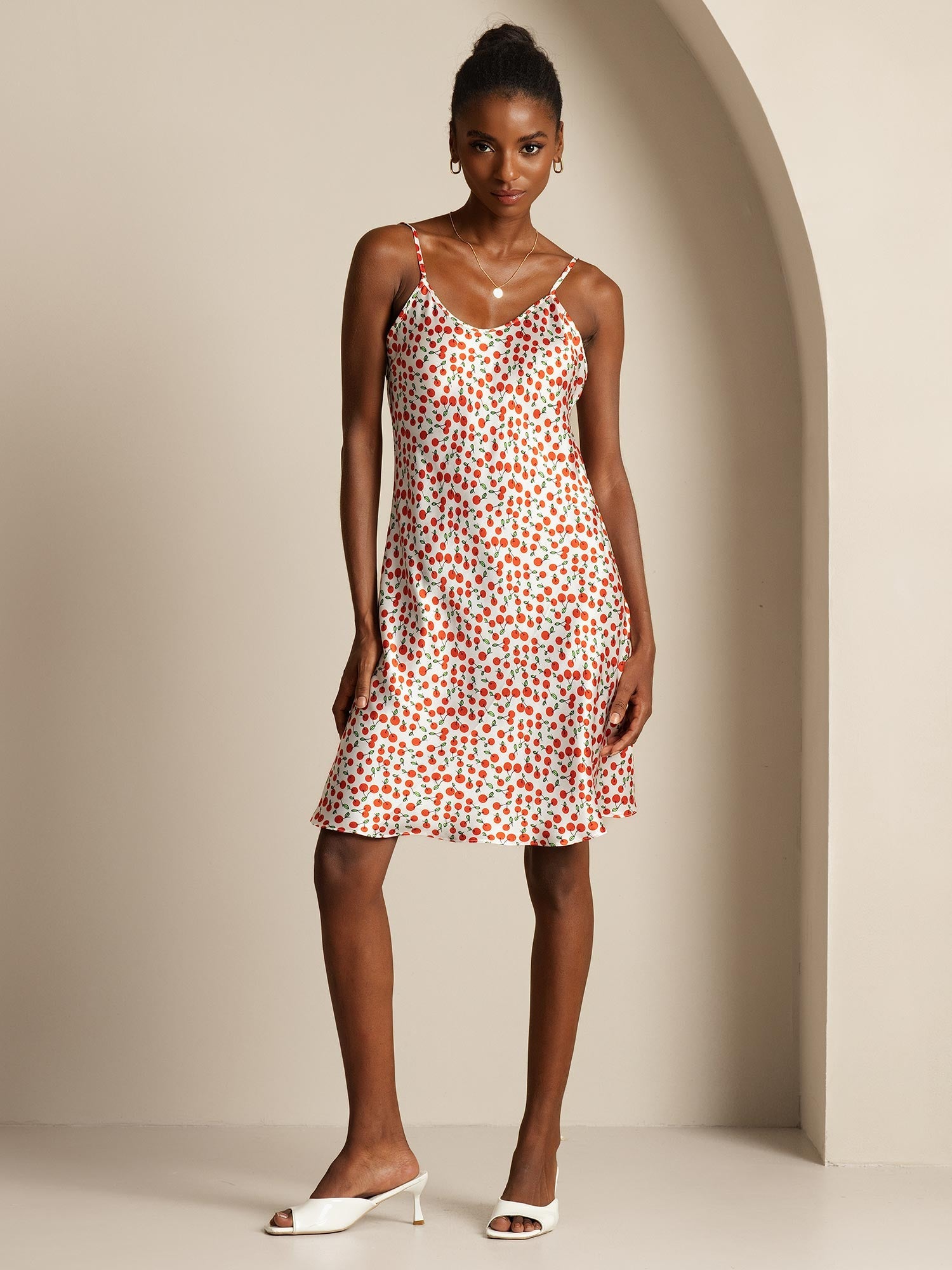 Cherry print silk slip dress with adjustable spaghetti straps, straight fit