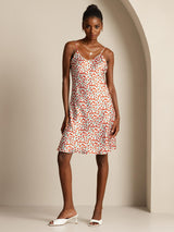 Cherry print silk slip dress with adjustable spaghetti straps, straight fit
