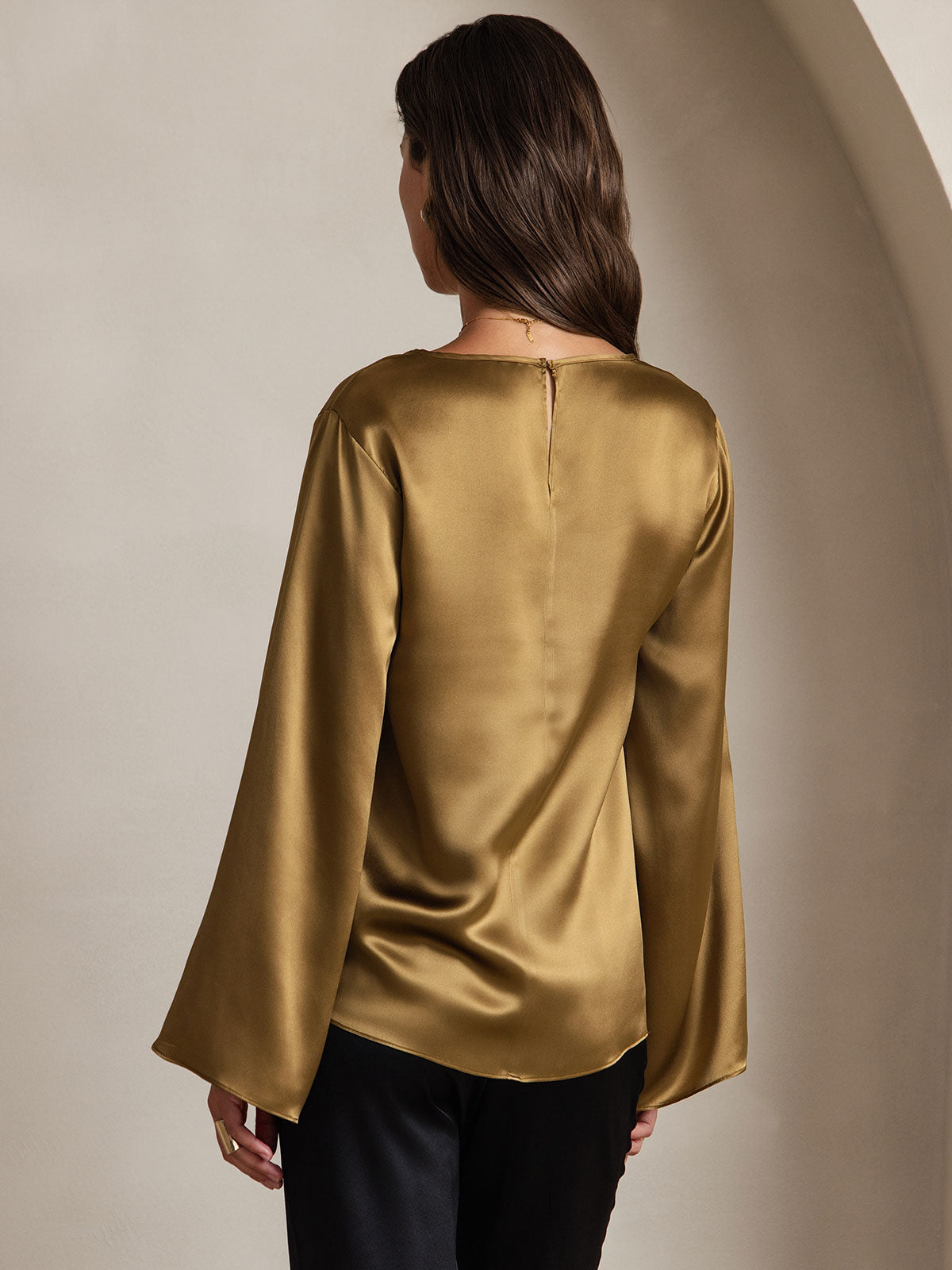 [Brown] SilkSilky  Long Sleeve Boat Neck Women's Blouse 002