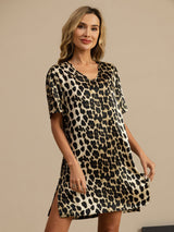 [Leopard] SilkSilky  Half Sleeve V Neck Nightgown 001