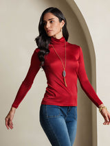 [Wine] SilkSilky  Long Sleeve Turtle Neck Women's T-Shirt 005