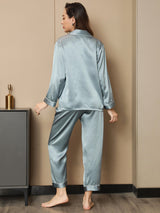[Steel Blue] SilkSilky  Long Sleeve Lapel Collar Women's Pajamas 002