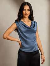 [Real Teal] SilkSilky  Cap Sleeve Cowl Neck Women's T-Shirt 001