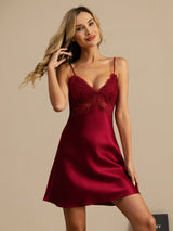 [Wine] SilkSilky  Spaghetti Strap V Neck Nightgown 001