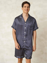 [Navy Ginkgo] SilkSilky  Short Sleeve Lapel Collar Men's Pajamas 001