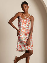 Cherry print silk spaghetti strap short dress, straight fit, adjustable straps