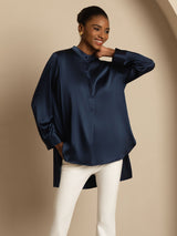 [Dark Blue] SilkSilky  Long Sleeve Stand Collar Blouse 006