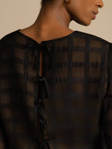 Black textured grid silk crop blouse back tie detail