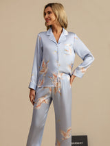 [Light Blue] SilkSilky  19Momme Long Sleeve Notch Collar Women's Pajamas 005