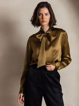 [Brown] SilkSilky  19Momme Stretch Silk Charmeuse Long Sleeve Tie Neck Blouse 007