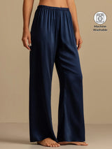 Navy wide-leg washable silk sleep pants with elastic waist and pleated front