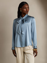 [Grayish Blue] SilkSilky  19Momme Stretch Silk Charmeuse Long Sleeve Tie Neck Blouse 004