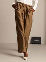 Brown silk-wool straight-leg pants with drawstring waist and side pockets