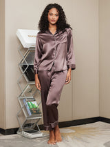 [Coffee] SilkSilky  Long Sleeve Lapel Collar Women's Pajamas 003