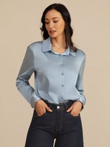 [Grayish Blue] SilkSilky  Long Sleeve Lapel Collar Women's Shirts 005