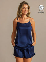 Navy washable silk camisole set with spaghetti straps and side pocket shorts