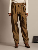 High-waist silk-wool blend tapered cropped pants with tie waist in brown