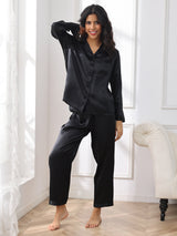 [Black] SilkSilky  Long Sleeve Lapel Collar Women's Pajamas 005